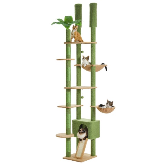 TripleTower floor-to-ceiling cat tree in green with hammocks, house and platforms TripleTower floor-to-ceiling cat tree in green with hammocks, house and platforms