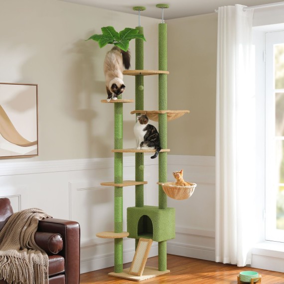 TripleTower green floor-to-ceiling cat tree in a classic living room with three cats TripleTower green floor-to-ceiling cat tree in a classic living room with three cats