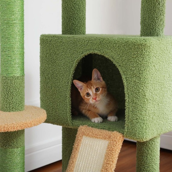 Floor to ceiling TripleTower scratching post green variant with cat in house Floor to ceiling TripleTower scratching post green variant with cat in house