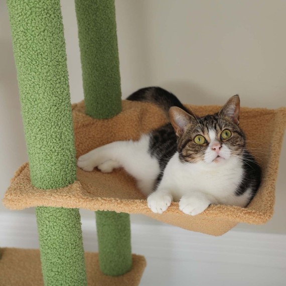 Floor to ceiling TripleTower scratching post green with cat in soft hanging basket Floor to ceiling TripleTower scratching post green with cat in soft hanging basket