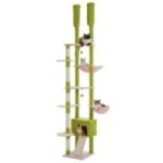 TripleTower floor-to-ceiling cat tree, pink variant with lime green scratching posts