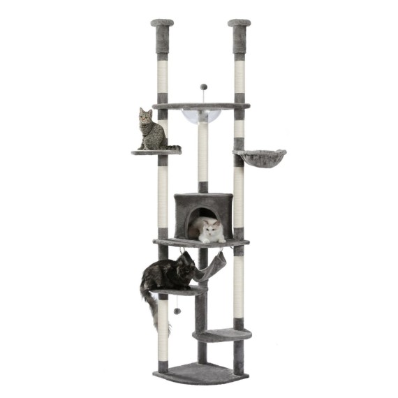 DualTower floor-to-ceiling cat tree in grey with hammocks and platforms DualTower floor-to-ceiling cat tree in grey with hammocks and platforms