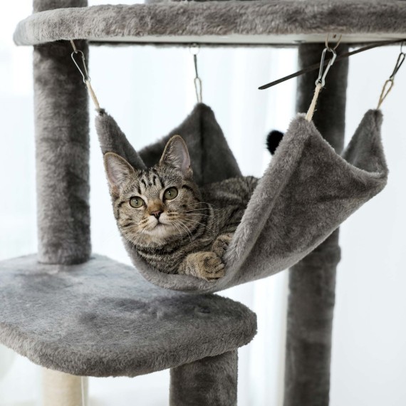 DualTower scratching post grey variant with cat in hammock DualTower scratching post grey variant with cat in hammock