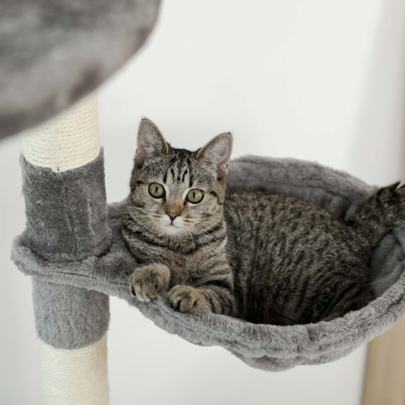 DualTower scratching post grey variant with cat in hanging basket DualTower scratching post grey variant with cat in hanging basket